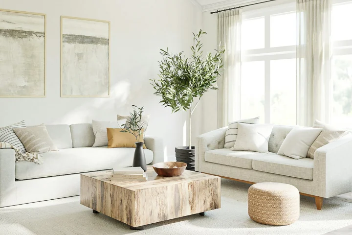 Bright, freshly cleaned living room with white sofas