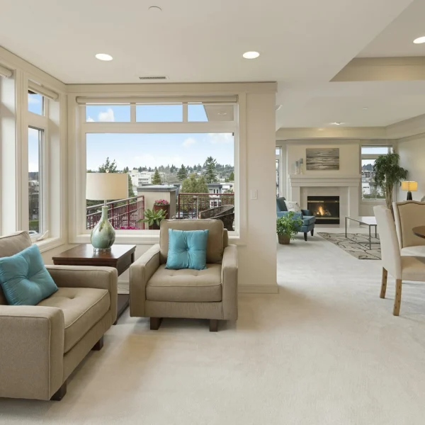 Bright, tidy open-plan living room